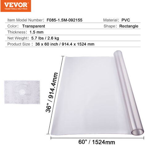 VEVOR Tovaglia Protezione Tavolo Rettangolare Trasparente per Scrivania, 914,4 x 1524 mm Pellicola Protettiva per Tavolo, Tappetino per Scrivania Spessore 1,5 mm, Tovaglia, per Tavolo Ufficio