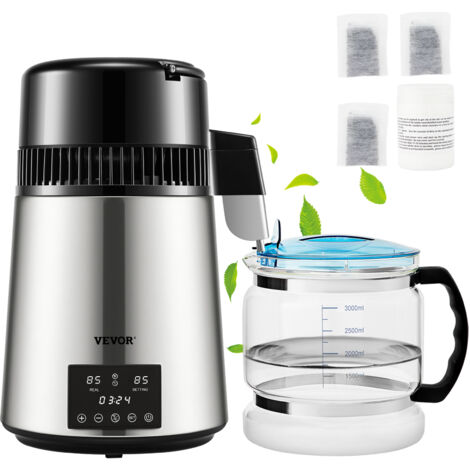 VEVOR Distillatore deAcqua Volume da 3,9 L, Velocita di Distillazione 1L / H in Acciaio Inox 304 e Vetro, Distillatore Colore deArgento, Uso per Uffici, Case, Laboratori, Ospedali, Studi Dentistici