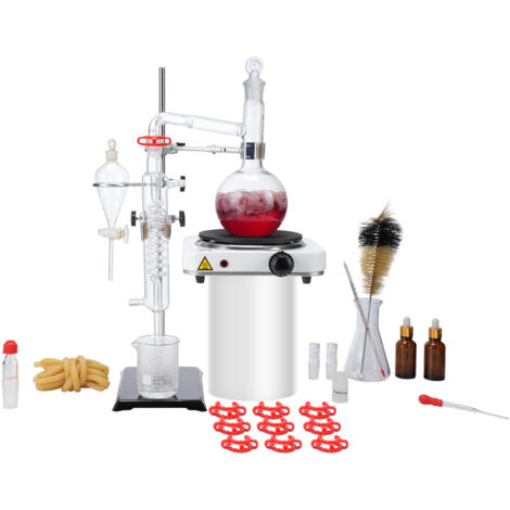 VEVOR Kit di distillazione di oli essenziali, apparecchio di distillazione da 500 ml, kit di distillazione di vetreria 3,3 Boro con piastra riscaldante da 1000 W, set da 33 pezzi