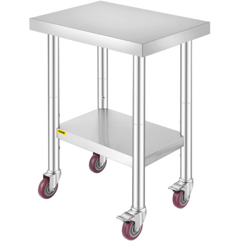 VEVOR Tavolo da Lavoro in Acciaio Inox 610 x 450 x 860 mm, Capacita di Carico di 180kg con 4 Ruote, 3 Livelli di Altezza Regolabili, Tavolo da Lavoro per Preparazione di Alimenti per per Cucina Commer