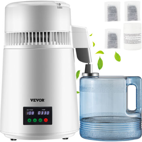 VEVOR Distillatore deAcqua Volume della Canna 4 L, Distillatore Bianco per Purificazione dellAcqua 1 L/H con Contenitore in Plastica, per Cucina Uffici, Lab, Ospedali, Cliniche Dentistiche, ecc.