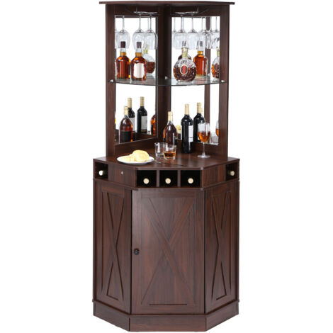 VEVOR Mobile Bar Industriale ad Angolo, Tavolo da Vino per Liquori e Bicchieri, Credenza Buffet con Porta Bicchieri, Mobile Bar Indipendente in Legno per Soggiorno, Bar di Casa, Noce Nera