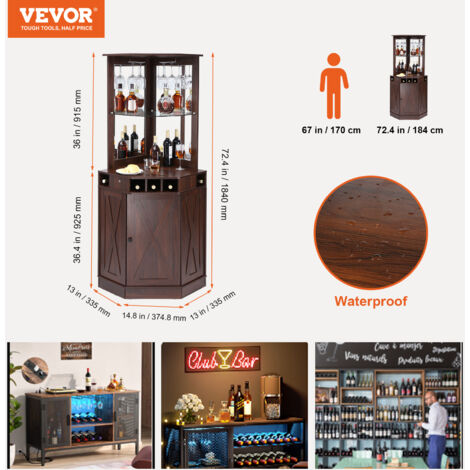 OKD Mobiletto Bar Con Ante Scorrevoli – Credenza Rustica In Rovere Scuro Con Portabottiglie, Cassetti E Ripiani Regolabili