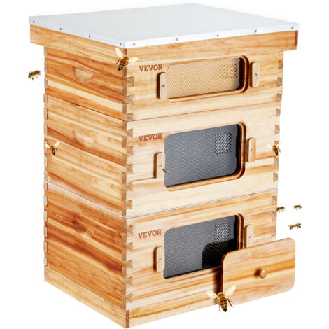 VEVOR Alveare in Legno Arnia 30 Favi, Alveare Legno di Abete Rivestito con Cera deApi, 2 Cassette per Api Profonde + 1 Media, Set di Alveari Langstroth, Finestre in Acrilico Trasparente