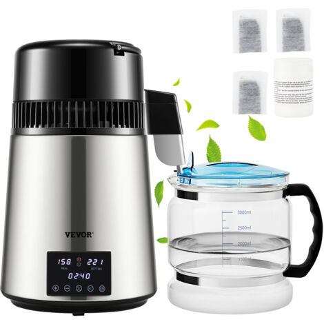 VEVOR Distillatore deAcqua da Banco Potenza 1750W in Acciaio, Distillatore per Purificazione dellAcqua Produttivita 1,5L/H, Alambicco per Distillazione deAcqua Controllo di Tempo Contenitore in Vetro