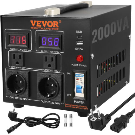 VEVOR Convertitore di Tensione Step Up/Down Portatile 110V-220V / 220V-110V Potenza da 2000VA, Trasformatore di Tensione 2000VA Portatile 240x185x200 mm 4 Spine, Convertitore di Tensione 2000VA USB 5V