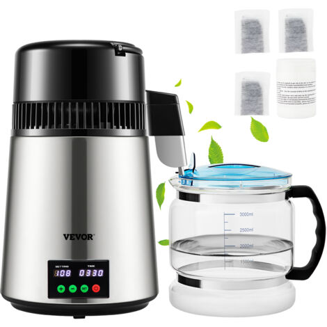 VEVOR Distillatore deAcqua Volume della Canna 4L 750W, Distillatore per Purificazione dellAcqua 1 L/H con Contenitore in Vetro, deArgento per Cucina Uffici, Lab, Ospedali, Cliniche Dentistiche, ecc.