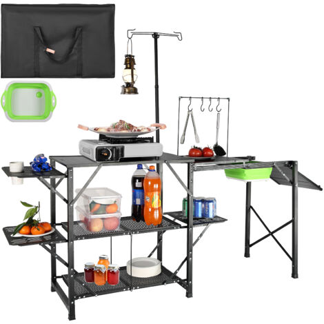 VEVOR Cucina da Campeggio per Cottura Pieghevole Portatile Ripiani Portautensili Materiale in Alluminio Ferro Dimensioni Estese 174 x 50 x 160 cm, Tavolo Pieghevole Portaoggetti da Campeggio per BBQ