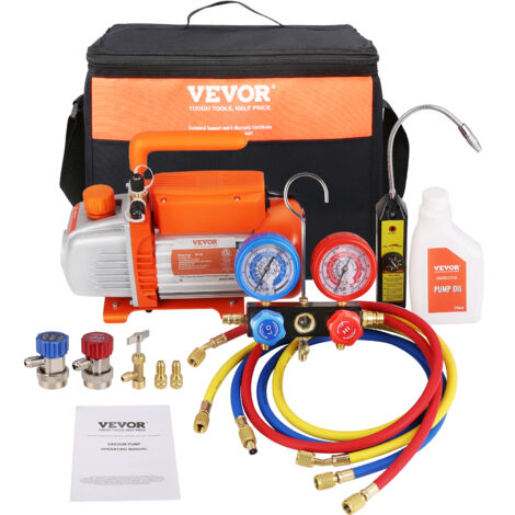 VEVOR Set Manometro e Pompa per Vuoto CA 113,26 L/min Pompa per Vuoto Aria HVAC a Palette Rotanti a Stadio Singolo, con Borsa per Trasporto del Tubo Flessibile Tricolore, Applicabile a R134a, R410a