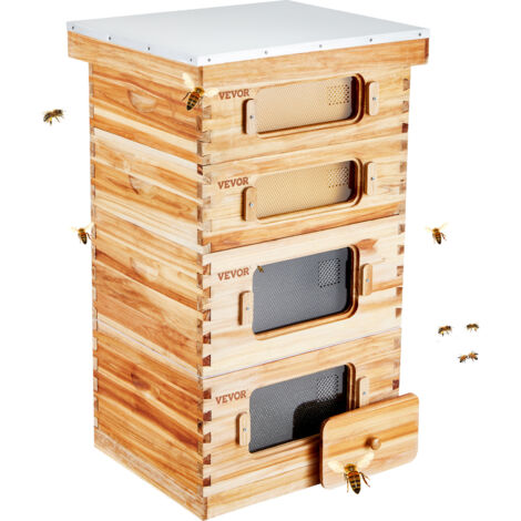 VEVOR Alveare per Apicoltura, 40 Telaini, Legno di Cedro Rivestito con Cera deApi, 2 Scatole Profonde 2 Medie, Kit Arnia Langstroth, Finestre in Acrilico Trasparente per Apicoltori
