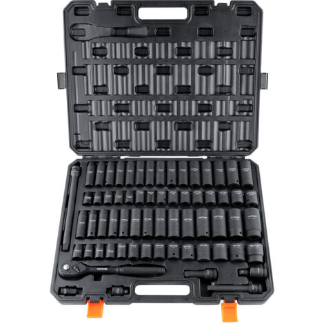 VEVOR Set di Bussole a Percussione da 1/2", Set 65 Pz SAE da 3/8" a 1-1/4" Metrico 10-24 mm, Acciaio Legato Cr-V a 6 Punti per Riparazioni Auto, Indicazioni delle Dimensioni, Set di Bussole Valigetta (1/5)