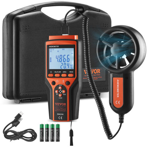 VEVOR Anemometro Portatile da -10-60℃ Misuratore di Velocita del Vento Anemometro Digitale con Valigetta, Misuratore di Velocita del Vento con Display Retroilluminato LED Portatile, Anemometro Vento
