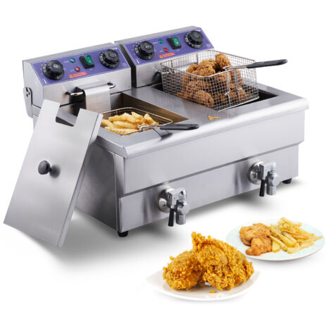 VEVOR Friggitrice Commerciale, Macchina Friggitrice Elettrica Doppia Vasca 3000 W con Cestello in Acciaio Inox 11 L con Filtraggio dellOlio, Controllo Tempo Temperatura, Friggitrice da Cucina