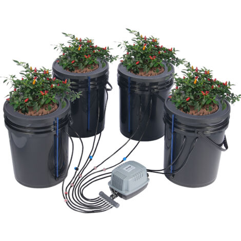 VEVOR DWC Sistema di Coltivazione Idroponica, Kit Top Drip, Coltura in Acque Profonde da 20 Litri, 4 Secchi, con Pompa ad Aria, Pietre porose, Dispositivo di Livello dellAcqua, per Verdure in Foglia