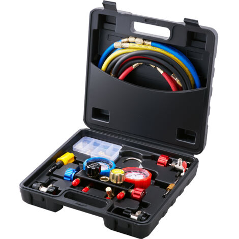 VEVOR Set di Manometro del Refrigeranti a 4 Vie per R134A R410A R22 dellAria Condizionata Uso Automobilistico, Set Indicatore del Collettore AC 3 Adattatori per Refrigeranti con Valigetta 31x30x8,5cm