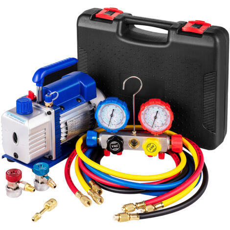 VEVOR Set Manometro per Pompa per Vuoto 135,92 L/min Set Pompa per Vuoto, Stadio Singolo per Sistemi di Raffreddamento HVAC A/C, Kit Manometro R410A R134A R22, Include Manometro 4 Vie, Tubo Flessibile