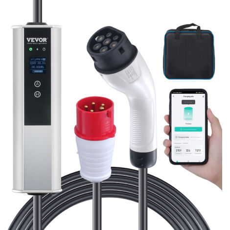 VEVOR Caricabatterie per Veicoli Elettrici Portatile Corrente Max. 16 A 3,68 kw Monofase Tipo 2 Cavo Lunghezza 7,5m, Caricabatterie EV Portatile IEC6219 Spina CEE16 con Schermo LCD IP66 Cavo in TPU