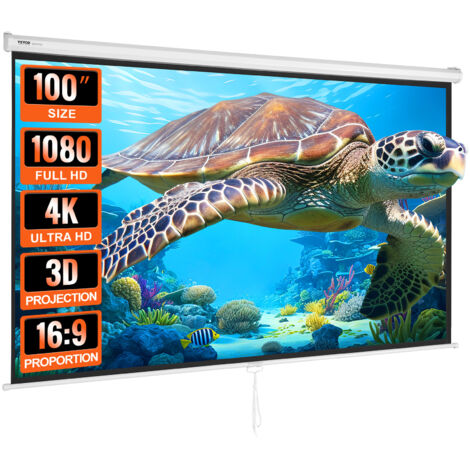 VEVOR Schermo di Proiezione Avvolgibile Manuale 100 Pollici 16:9 HD 4K Proiettore Antirughe Tela Ampio Montaggio a Parete Immagine Dettagliata per Home Theater Festa, Telo per Proiettore Avvolgibile