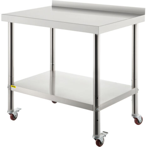 VEVOR Tavolo da Lavoro per Cucina di Preparazione Alimenti in Acciaio Inox 4 Ruote Alzatina 5cm, Piano da Lavoro Ripiano Doppio 91,4 x 61 x 89 cm con Ruote e Alzatina Capacita Carico 200kg in Totale