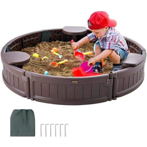 VEVOR Sabbiera con Coperchio 120 x 23 cm Sabbiera Rotonda in HDPE con 3 Posti ad Angolo, Rivestimento del Fondo, per Cortile allAperto, Spiaggia, Parco, per Ragazzi, Ragazze dai 3 ai 12 Anni, Marrone