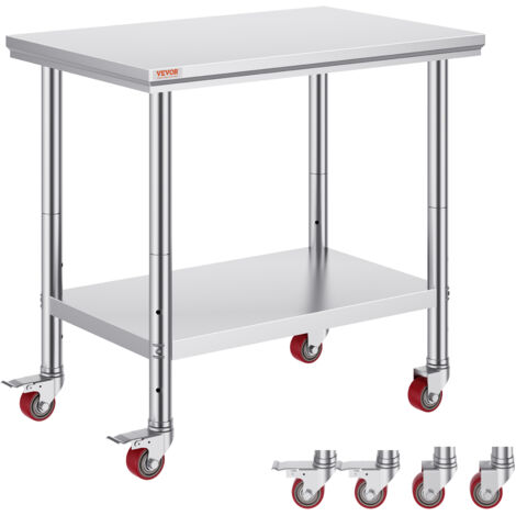 VEVOR Tavolo di Lavoro Banco Lavoro Cucina Commerciale in Acciaio Inox con 4 Ruote Regolabile, Tavolo Piano Doppio 90x60x82cm Acciaio Inox Altezza Regolabile con Ruote Blocco, Banco Lavoro da Cucina