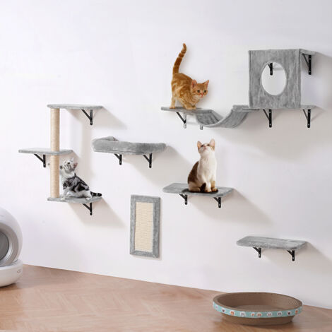 VEVOR Mensole da Parete per Gatti Set 6, Posatoi Montati a Parete per Gatti con Trampolini, Amaca, Divano, Albero per Gatti, Set di Mobili da Parete per Gatti Fino a 18,14 kg per Dormire, Arrampicarsi