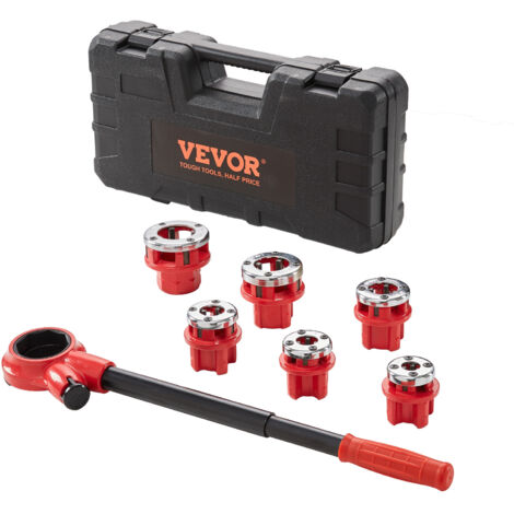 VEVOR Kit di Filettatura dei Tubi con Cricchetto Set di 6 Matrici 1/4" NPT-1-1/4" NPT Teste Idrauliche Manuali Portatili in Valigetta per Tubi, Kit di Strumenti per Filettare Tubi a Cricchetto Manuale