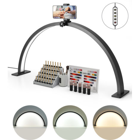 VEVOR Lampada da Tavolo per Unghie a Forma di Mezzaluna da 30 W con Supporto per Telefonino Luminosita Temperatura del Colore Regolabile, Lampada da Tavolo a LED ad Arco per Trucco Salone Bellezza