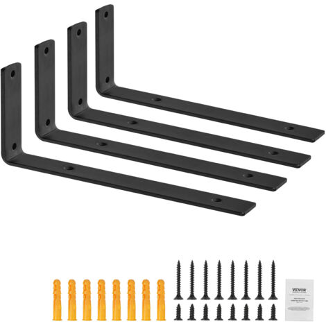 VEVOR Staffe per Mensole, 256 x 155 mm, Staffe per Mensole Sospese per Carichi Pesanti, 4 Pezzi, Staffe per Mensole a Forma di L, Nere Opache Spesse 10 mm, Acciaio con Capacita di Carico di 72,6 kg (1/8)