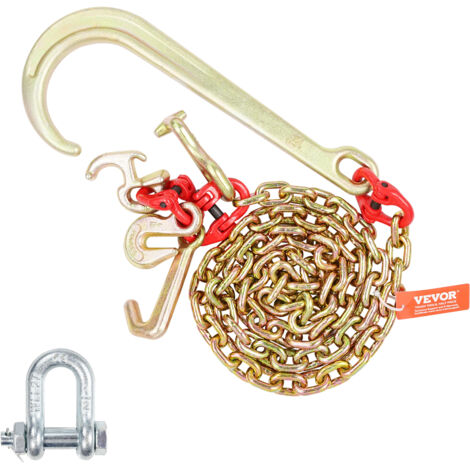 VEVOR Catena traino con gancio a J a stelo lungo, Capacita carico max. 2448 kg, Catena per rimorchio G80 con gancio RTJ, 8 mm x 180 cm, per Recupero, Guasto, Trasporto, Carro attrezzi, Camion