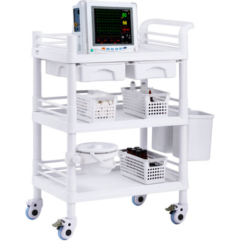 VEVOR Carrello da Laboratorio 3 Ripiani, Carrello da Laboratorio 4 Ruote, Carrello Medico Mobile in Materiale PP, Carrello da Laboratorio con 3 Contenitori per Laboratorio, Clinica, Salone, Ospedale