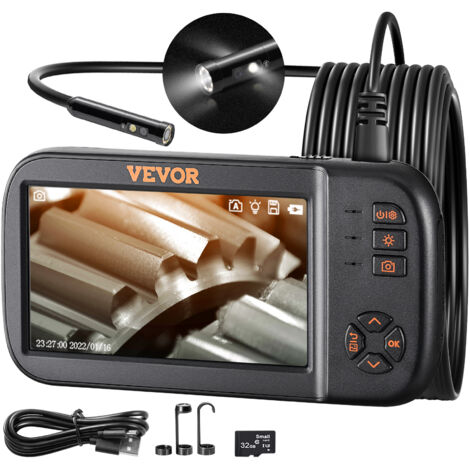 VEVOR Telecamera a Endoscopio Lente Tripla con Schermo di Controllo Batteria 2860 mAh Cavo 5m, Telecamera di Ispezione a Endoscopio Obiettivo Rotante Lente Sostituibile Risoluzione 1920x1080 Portatile