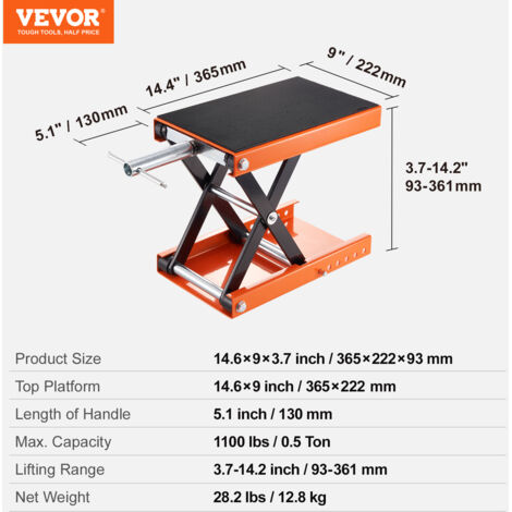 VEVOR Gato De Tijera Para Moto 500kg – Elevador Hidráulico Manual Con Pasador De Seguridad (Altura 89-338mm)