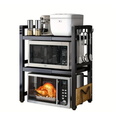 3 Schicht Schwarz Mikrowelle Backofen Rack, erweiterbarer Mikrowellenständer Arbeitsplatte Küchenutensilien Geschirr Aufbewahrung mit 6 Haken (1/5)