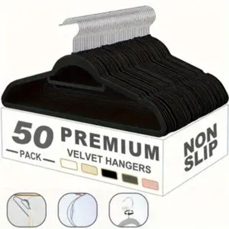 50-Piece Space-Saving Velvet Hangers, Rotatable Tie Hook, Black (1/5)