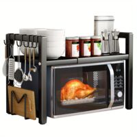 2 Tier Metal Microwave Oven Rack Shelf for Kitchen Tabletop with 6 Hooks,Black