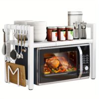 2 Tier Metal Microwave Oven Rack Shelf for Kitchen Tabletop with 6 Hooks,White