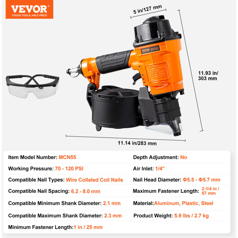 BHTOP 15-Degree Coil Siding Fencing Nailer - 1-1/2 To 2-1/2 Inch Nails For Siding & Fiber Cement