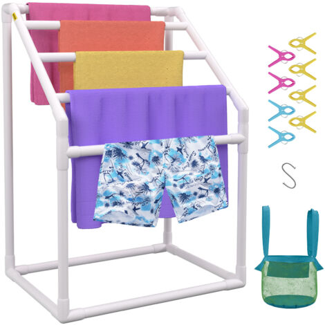 VEVOR Pool Towel Rack, 5 Bar, White, Freestanding Outdoor PVC Trapedozal Poolside Storage Organizer, Include 8 Towel Clips, Mesh Bag, Hook, Also Stores Floats and Paddles, for Beach, Swimming Pool (1/5)