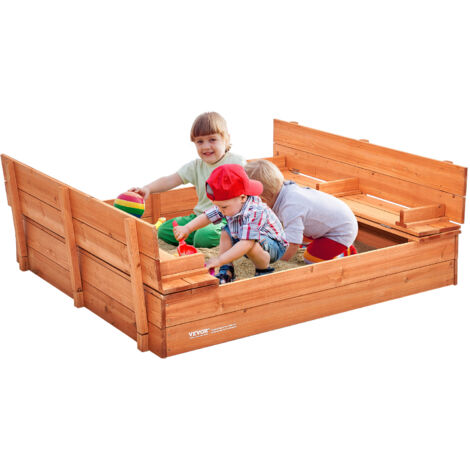 VEVOR Wooden Sandbox, 52.4 x 47.2 x 16.9 in Sand Box, Sand Pit with Foldable Bench Seats and Bottom Liner, Natural Wood Kids Sandbox for Outdoor Backyard, Beach, Park, Gift for Boys Girls Ages 3-12
