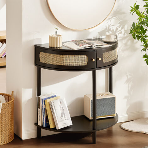 VEVOR Half-moon Rattan Console Table with 2 Drawers, Rattan Entryway Table with Natural Rattan Sliding Door, Console Table with Storage for Living Room, Study, Entryway Or TV Wall, Black (1/5)