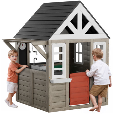 VEVOR Outdoor Wooden Playhouse, Modern Cedar Playhouse for Age 2-10 Years Kids, Garden Games Cottage,Country Style Cedar Playhouse with Working Door,Window,Flower Pot Holder,Grill, Stove,and Sink