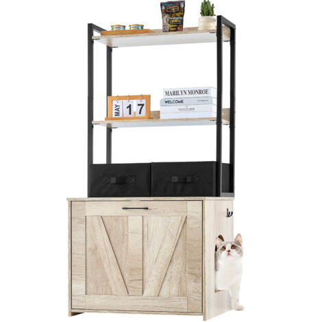 VEVOR Cat Litter Box Enclosure, Hidden Litter Box Furniture with 2 Storage Shelves & 2 Baskets, Wooden Cat Washroom Indoor, Cat House Cabinet Fit Most of Litter Box, 23.6"L x 19.7"W x 50"H, Natural