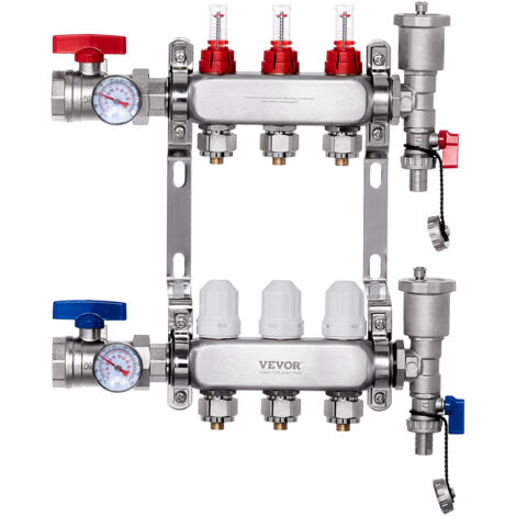 VEVOR 3-Branch Radiant Heat Manifold, 1/2" PEX Tubing Manifold, Stainless Steel PEX Manifold for Hydronic Radiant Floor Heating, Radiant Heat PEX Manifold Kit with 1/2" Adapters Included
