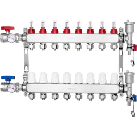 VEVOR 8-Branch Radiant Heat Manifold, 1/2" PEX Tubing Manifold, Stainless Steel PEX Manifold for Hydronic Radiant Floor Heating, Radiant Heat PEX Manifold Kit with 1/2" Adapters Included