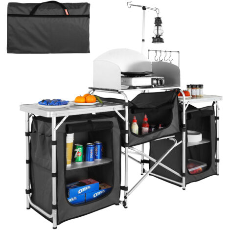 VEVOR Camping Kitchen Table, Folding Outdoor Cooking Table with Storage Carrying Bag, Aluminum Cook Station 3 Cupboard & Detachable Windscreen, Quick Set-up for Picnics, BBQ, RV Traveling, Black