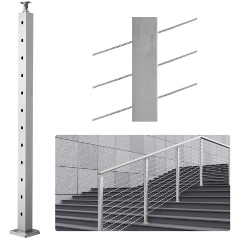 VEVOR Cable Railing Post, 42" x 2" x 2" Steel 30° Angled Hole Stair Railing Post, 12 Pre-Drilled Holes, SUS304 Stainless Steel Cable Rail Post with Horizontal and Curved Bracket, 1-Pack, Silver