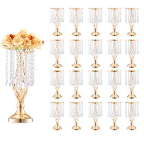 VEVOR 20PCS 43cm/16.9” Tall Crystal Wedding Flower Stand, Metal Wedding Centerpiece Vase, Gold Flower Holders Floral Display Rack for Tables Wedding Dinner Party, Ceremony Birthday Event Decor