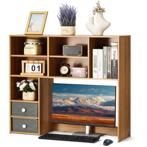 VEVOR Desktop Bookshelf, 3-Tier Wood Desktop Storage Organizer, 37" x 10" x 31.1" Office Storage Rack Wood Display Shelf, Desktop Bookshelf Hutch with Two Fabric Drawers, for Office, Home & Dorm