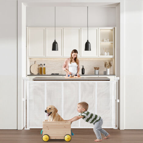 VEVOR Retractable Baby Gate, 870 mm Tall, Extends up to 1400 mm Wide, Retractable Gate for Kids or Pets, Mesh Material, Easy to Install for Indoor Stairs, Doorways, Hallways, Playrooms, White